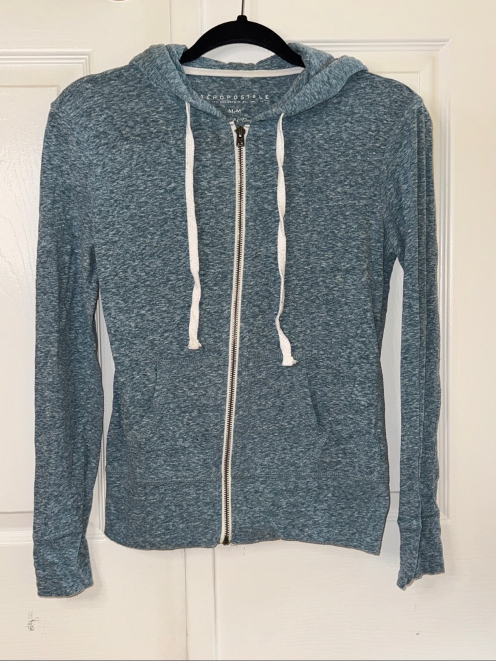 Aeropostale Y2K Blue Heather Full-Zip Lightweight Hoodie with Drawstrings